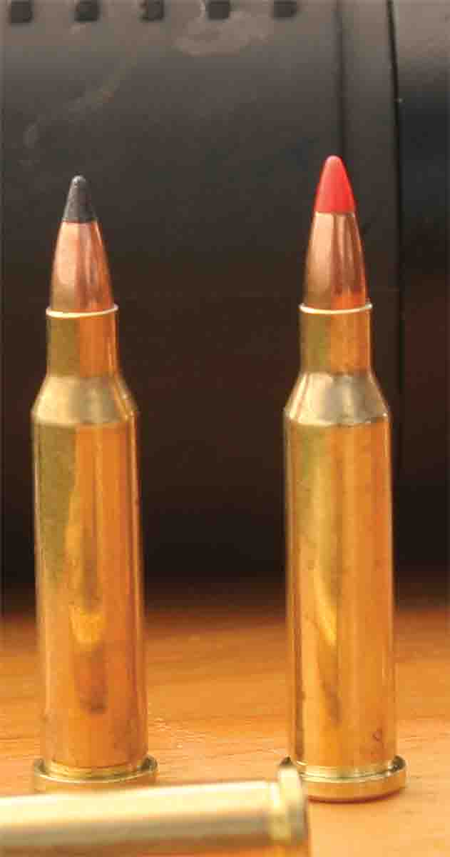The .17 Hornet, loaded with plastic-tipped Nosler Varmageddon (left) or Hornady V-MAX (right) bullets, is highly effective out to 300 yards, about the longest range where more prairie dogs are hit than missed.
